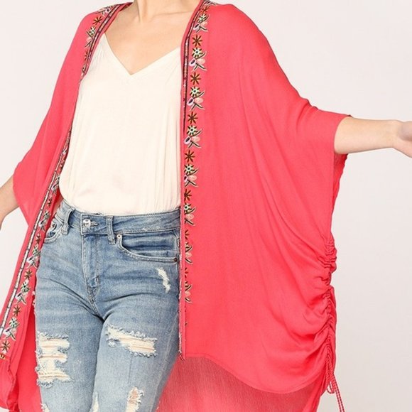 BLUHEAVEN by Umgee S/M M/L coral kimono sleeve jacket cape beach cover-up - Picture 6 of 7